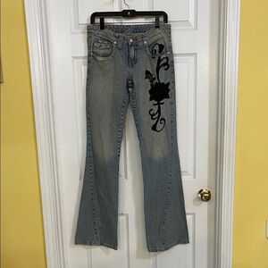 Le Jealous Stylish Blue Jeans with Black Floral Design size 40